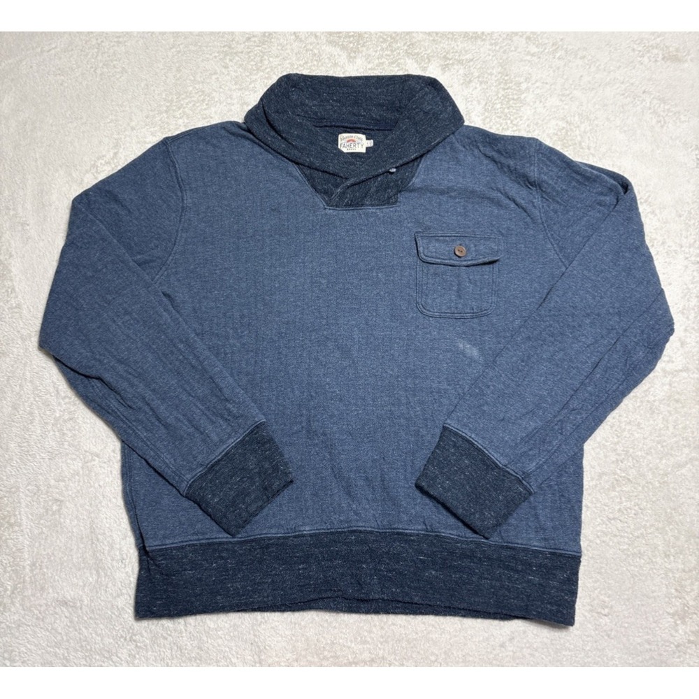 Faherty Shawl Collar Pullover Sweater Men's Size Large Blue Button Chest Pocket